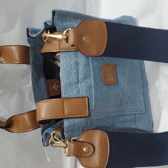 C&C California blue denim square top handle crossbody bag with brown handles new - Picture 7 of 16